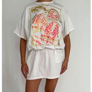 80s vintage multicolor summer vacation beach sailboat scene short cover up dress
